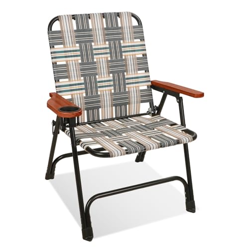 Chiyhshaa Folding Lawn Chair Portable Camping Chair with Steel Frame Woven Fabric and Wooden Armrests Webbed Patio Dinning Chair for Yard Camping Poolside Beach