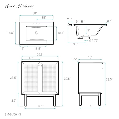Image of Swiss Madison Classe 30 in. Brown Oak Bathroom Vanity with White, 3-Hole Ceramic Sink Top