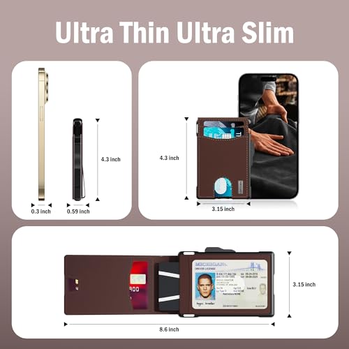 Image of umoven Wallet for Men - Slim Leather RFID Blocking Bifold Minimalist Wallet with Metal Pop-Up Card Holder, Money Clip, Credit Card Slots - Men's Wallet, Chocolate Brown