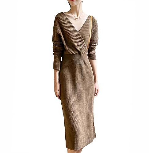 Women's Long Sleeve Sweater Dress Solid V Neck Slim Knitted Long Dress