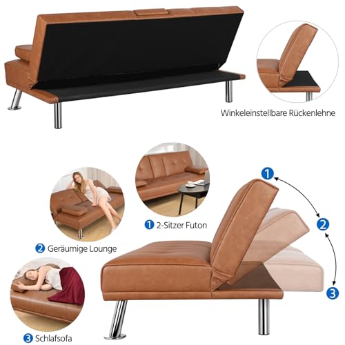 Yaheetech 3er-Sofa Schlafsofa Couch mit Tassenhalter Gästebett, Rückenlehne neigbar 105°/140°/180°, 167 x 81,5 x 75 cm, 350 KG belastbar, braun Kunstleder – Bild 7