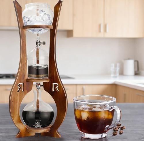 Cafetera Cold Brew, torre de goteo de 600 ml de capacidad con doble válvula y tecnología de goteo lento, cafetera helada premium con soporte de madera para el hogar, oficina, bar