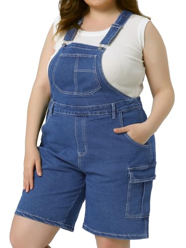 Agnes Orinda Plus Size Overall Shorts for Women Jumpsuit Adjustable Strap Bib Cargo Pocket Jean Denim Overalls 4X Blue