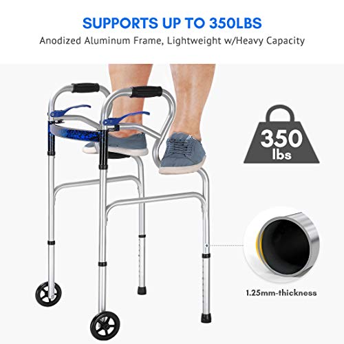 Health Line Massage Products 3 in 1 Stand-Assist Folding Walker with Trigger Release and 5 inch Wheels Supports up to 350 lbs, Compact Lightweight & Portable with Glides, Silver - Thumbnail 2