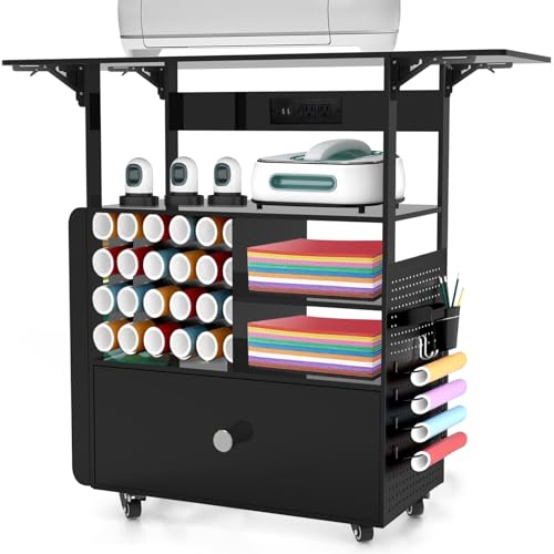 Image of Craft Organization and Storage with Cricut Machine, Craft Cart with Vinyl Roll Holder & Drawers, Large Craft Cabinet Table Workstation