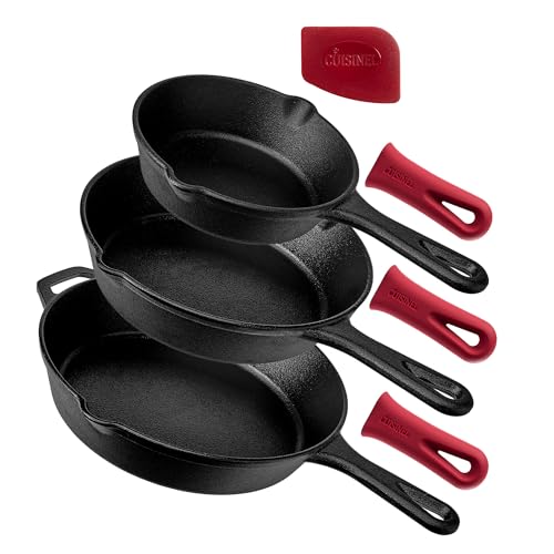 Image of Cuisinel Cast Iron Skillets Set - 3-Piece: 6 inch + 8 inch + 10 inch-Inch Chef Frying Pans - Pre-Seasoned Cookware + 3 Silicone Handle Cover Grips - Use Indoor /Outdoor, Grill, Stove, BBQ, Fire, Oven