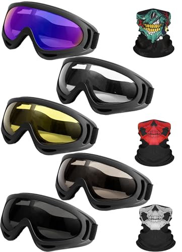 YISUGOOC Motorcycle Goggles 5 Pairs Dirt Bike Goggles UV Protection Ski Glasses Riding Dust And Windproof ATV Glasses With 3 Skull Face Mask For Men Women Yourh Adults