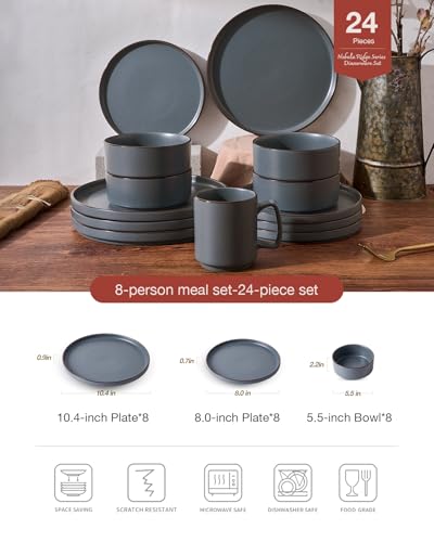 Image of Famiware Nebula Ridge Stoneware Dinnerware Sets for 8, 24 Pieces Plates and Bowls Sets, Dishes Set, Microwave and Dishwasher Safe Kitchen Plates, Charcoal