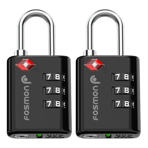 Image of Fosmon TSA Approved Locks for Luggage. Suitcase Locks with Open Alert Indicator, 3 Digit Combination Padlock with Alloy Body for Travel, Backpack Zipper Anti Theft, Locker, Gym, Tent- Black, 2 Pack