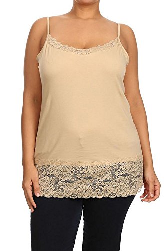 Ambiance Plus Size Spaghetti Strap Plain Long Lace Trim Tank TOP Layering Cami