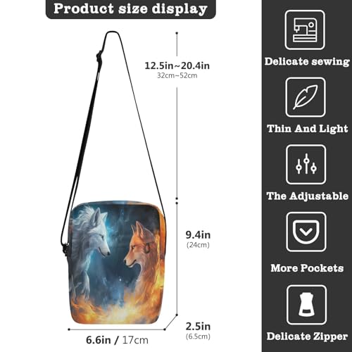Crossbody Bag Ice Fire Flame Wolf Animal Messenger Bag for Women Men Purse Shoulder Bag Satchel Bag with Adjustable Strap 202a05183