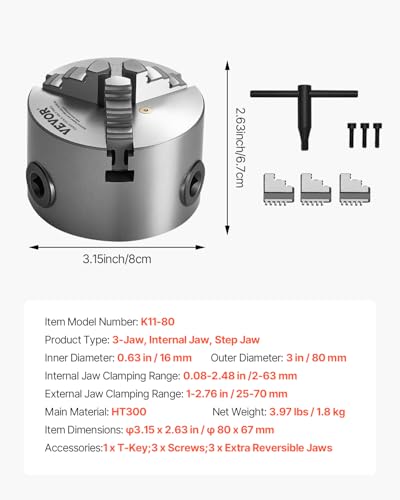 VEVOR 3-Jaw Lathe Chuck, 3 Inch (80 mm), Self-Centering Chuck, 0.08-2.48 in (2-63 mm) Clamping Range with T-Key Fixing Screws Reversible Jaws, HT300 Material, Internal External for Wood Metal Lathe