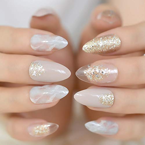EchiQ Spitzer Stiletto Kunstnägel, Nude Grau Marmor Wolke Fake Nails Clear Shimmer Glitter Drücken auf Full Summer Daily…
