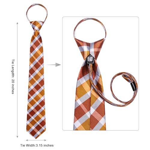 Image of Hi-Tie Mens Grey Orange Zipper Ties Plaid Adjustable Pre-Tied Necktie Lapel Pin Pocket Square Cufflinks Set