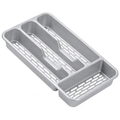 Small Tier Cutlery Tray Classic in Silver | BPA Free Plastic Drawer Organizer with 4 Compartments | Durable Kitchen Storage for Spoons Forks Knives Kids Cutlery | Space Saving Design