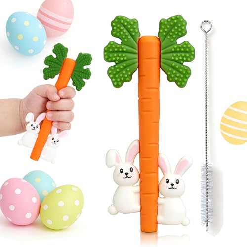 Baby Teething Toys Silicone Carrot Rabbit Hollow Teething Tubes -Sensory Chew Toys Over 3 Months - Teether Straws for Teething Relief -BPA Free Infant Toys Baby Shower Gifts Baby Essentials (1)