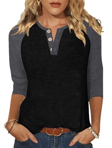 Halife Women's Casual 3/4 Sleeve T Shirts Button V Neck Tunic Blouses Color Block Basic Tee Tops Loose Fit Summer Shirt
