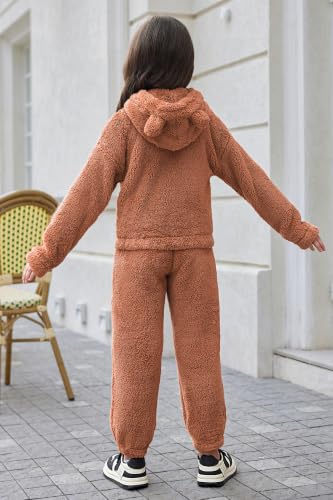 Image of Arshiner Girls 2 Piece Outfits Sweatsuit Fuzzy Long Sleeve Bear Ear Hoodie Sweatshirt and Sweatpant Kids Clothing Sets