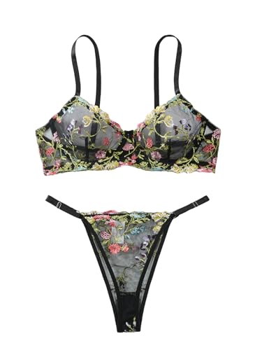 Lilosy Sexy Leaf Floral Embroidered Mesh Sheer Women Underwire Push Up Lingerie Set See Through Cute...