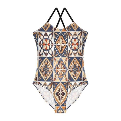 Vintage Brown Floral Girls' Swimwear, Beach Bathing Suits Girls 3-10 Y with Adjustable Shoulder Strap, 3-10 Y