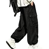 [foveitaa] ズボン カーゴパンツ コーデュロイ ロングパンツ メンズ オーバーサイズ ワイドパンツ リラックスパンツ ガウチョ スウェット スポーツ アウトドア 調整紐 ウエストゴム 人気 無地 春服 秋服 冬服black-L