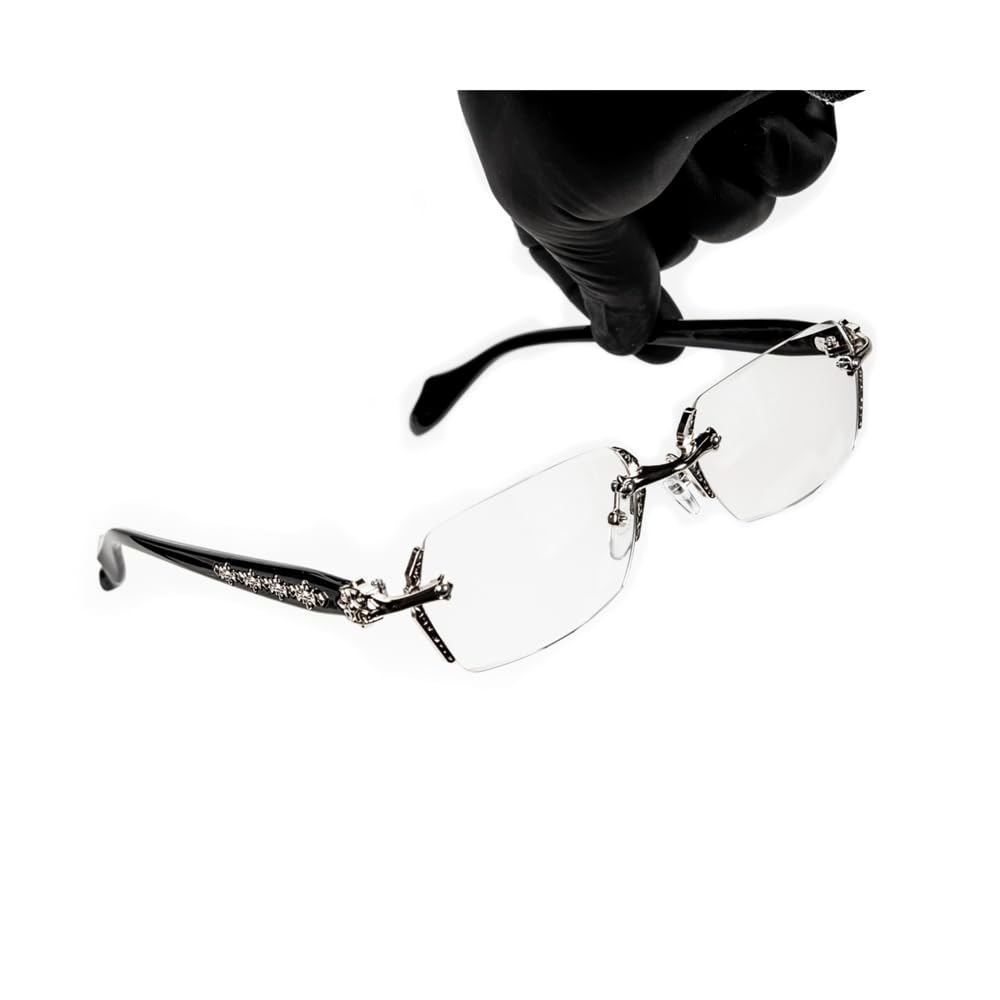 Street Knitted Retro Gothic Cross Style Vintage Designer Edge Cut Rimless Clear Lens Silver Frame Eyewear Unisex Square Frameless Men’s Women Clear Tint Rectangular Hip Hop Luxury Eye Glasses