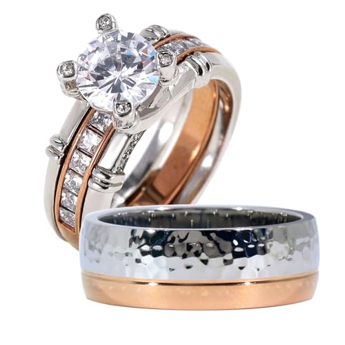 ringheart Couple Rings Matching Ring 1.5CT AAA CZ Rose Gold Plated Women Wedding Ring Sets for Him and Her Rings