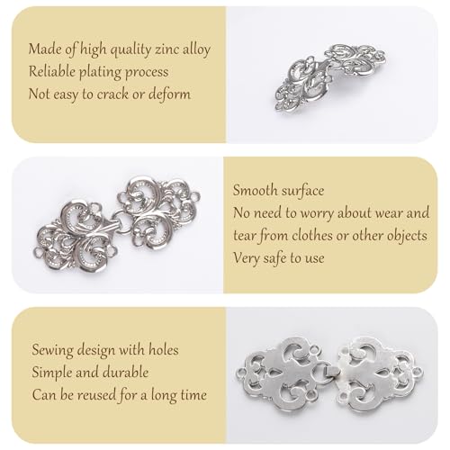 WANDIC Cloak Clasp Verschlussverschlüsse, 2 Paare Swirl Flower Cape Verschlüsse Nähen auf Haken und Augen Cardigan Clip, Silber (Nötig zu Nähen)