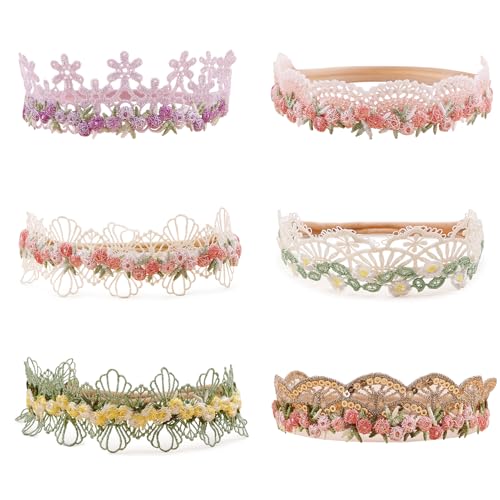 Baby Girl Flower Hair Bows Nylon Headbands, 6PCS Stretchy Soft Floral Hairbands Crown, Handmade Hair Accessories for Newborn Infant Toddler
