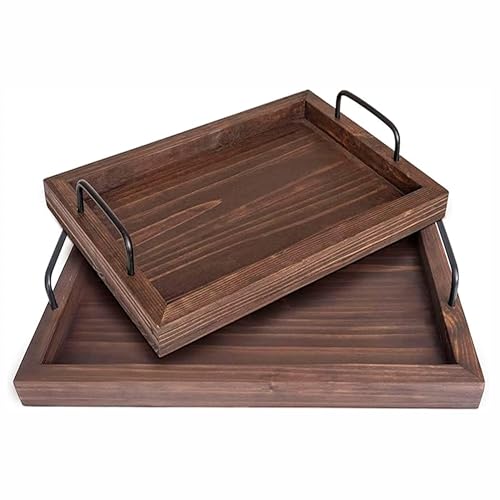 Besti Rustic Vintage Food Serving Trays (Set of 2) | Wooden Board w/Metal Handles | Stylish Farmhouse Decor Serving Platters | Small: 13.5' x 2 x 9.5, Large: 15.9' x 2' x 11.8' (Rustic Dark Brown)