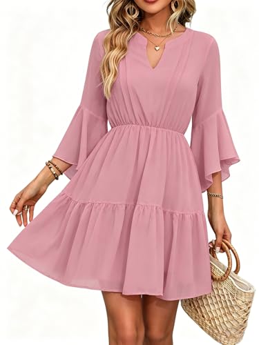 Image of Womens Spring Summer Mini Dress Western Ruffled Sleeve Chiffon V Neck Flowy A Line Short Wedding Guest Party Dresses