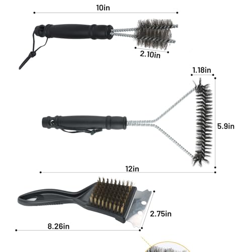 3 in 1 Edelstahl Grillbürste für Gussrost - 3 Stück Rostfrei Bürste mit Schaber & Hitzeschutzgriff, Grillreiniger für Gas/Elektro/Holzkohlegrill