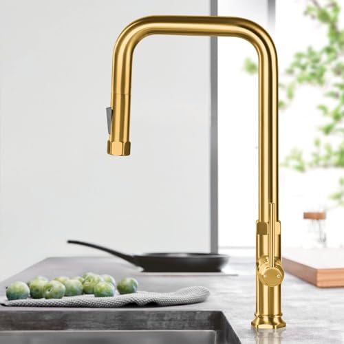 Gold Kitchen Faucet Brass Kitchen Faucets with Pull Down Sprayer Single Handle Kitchen Sink Faucets with Deck Plate Traditional Industrial Brushed Gold Kitchen Faucet for 1 or 3 Hole Sink