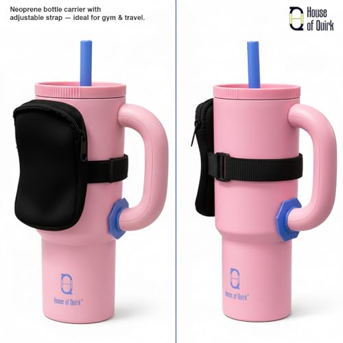 Image of House of Quirk Water Bottle Carrier Bag for Cards, Key 40 /30 oz Tumbler Neoprene Water Bottle Holder Pouch with Adjustable Strap (Black)