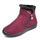 gracosy Warm Snow Boots, Women's Winter Ankle Bootie Anti-Slip Fur Lined Ankle Short Boots Waterproof Slip On Outdoor Shoes Red 9.5 M US