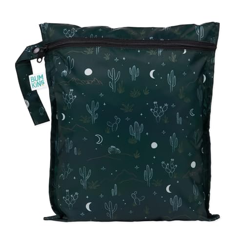 Image of Bumkins Waterproof Wet Bag for Baby, Travel, Swim Suit, Cloth Diapers, Pump Parts, Pool, Beach, Gym Clothes, Toiletry, Hook to Stroller, Daycare, Zipper Reusable Wetdry Packing, Starry Cactus Dk Green