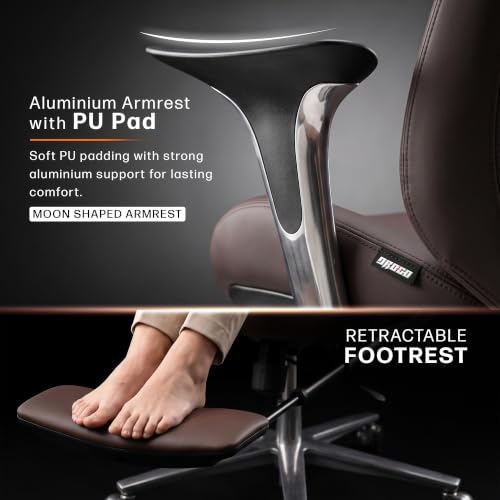 Image of Drogo Amara Ergonomic Office Chair for Work & Home- Luxury Semi-Silicone Leather, 5cm Seat Depth Adjustment, Curved Headrest, PU Aluminium Armrest, 135 Recline with 3 Lock Positions, Footrest (Brown)