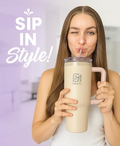 Image of 40oz Tumbler with Side Handle 1.2L | Insulated Stainless Steel Sipper Water Bottle for Adults with 2 Flip Straws Lid 2 Straws & Cleaning Brush Inclued Leakproof Lid for Office & Gym (BONE WHITE)