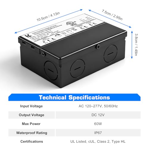 Image of 12V 60W Dimmable LED Driver, 5-in-1 Triac /ELV /MLV /0-10V /1-10V /PWM Dimming LED Transformer, Compatible with Lutron & Leviton Dimmer, Constant Voltage Power Supply, UL Listed, Class 2, IP67 Waterproof