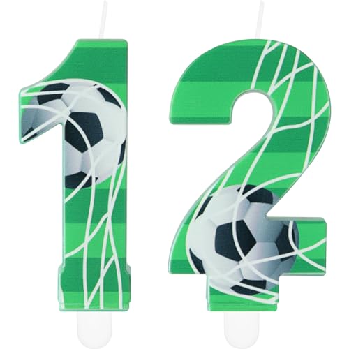 mciskin Candele di compleanno con numero di calcio, numero 12 per torta, decorazioni per feste di compleanno a tema calcio per ragazzi, decorazioni per torte