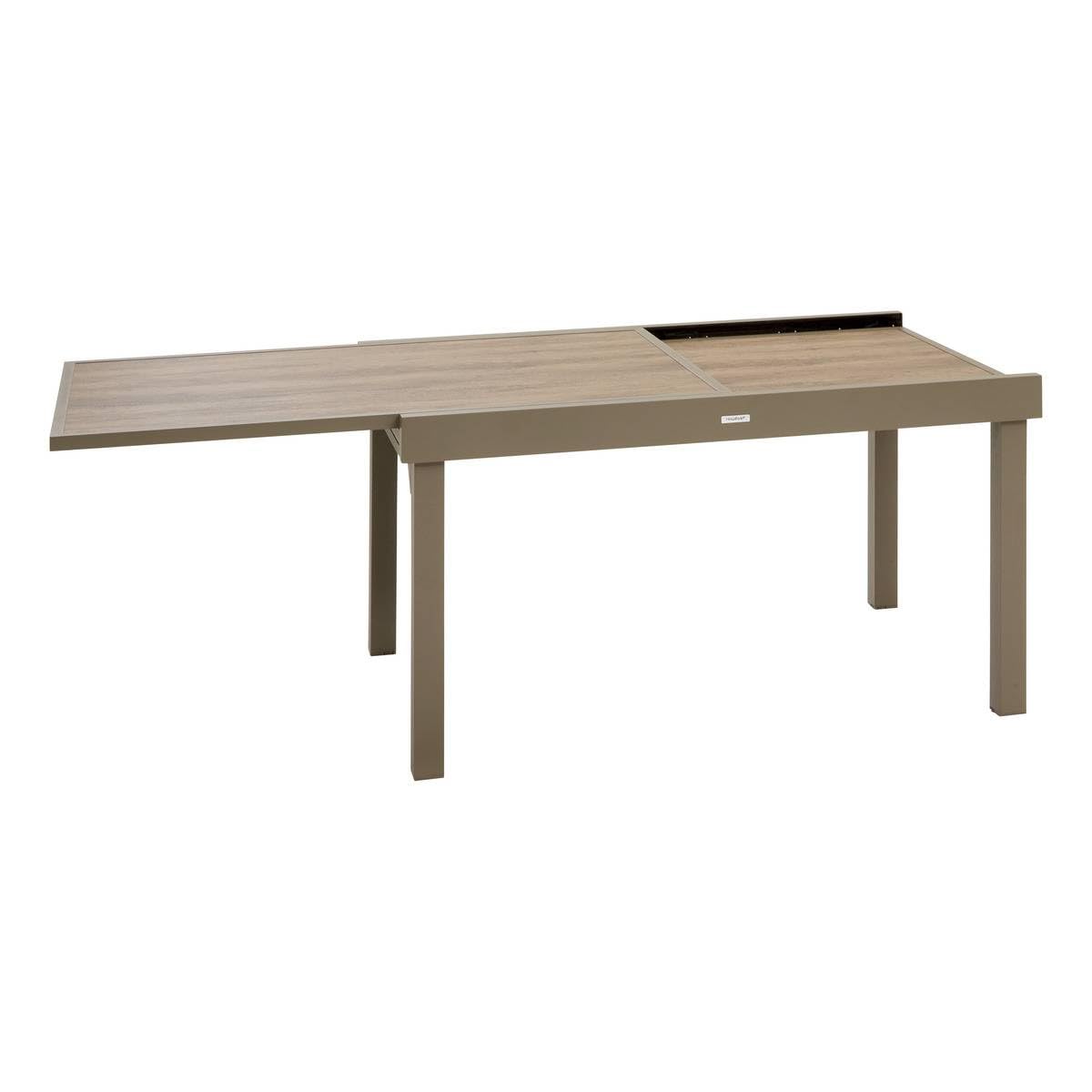 Hespéride - Table de Jardin Extensible Piazza Café - 10 Places - Aluminium Traité Epoxy Antirouille - Plateau Verre Trempé Effet Bois - Meuble d'Extérieur à Rallonge Coulissante