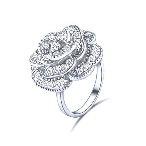 Bague argent 925 femme mode avec rose fleur rétro et pierre zirconium taille 56