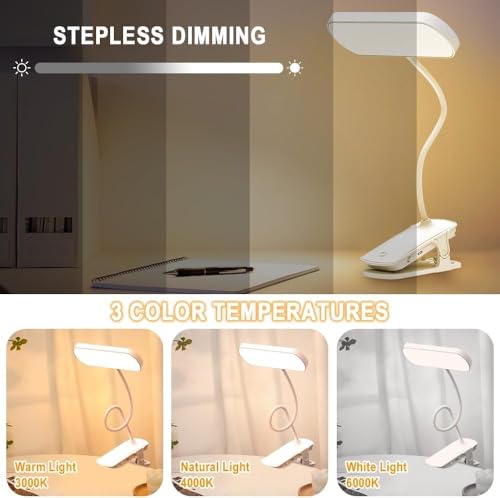 Image of XERGY LED Clip-On Book Light - 3 Color Modes | Dimmable | Type-C Rechargeable | 80H Long Battery | Eye-Caring Flexible Reading Lamp for Bed, Desk & Travel (White)
