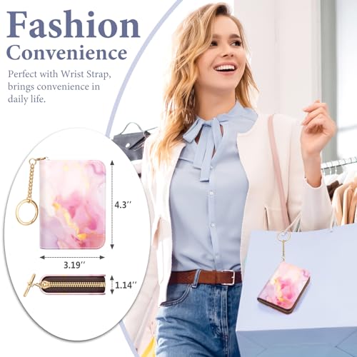Image of Credit Card Holder RFID Wallet for Women, Small Leather Card Organizer Case with Zipper and Keychain, Red Marble