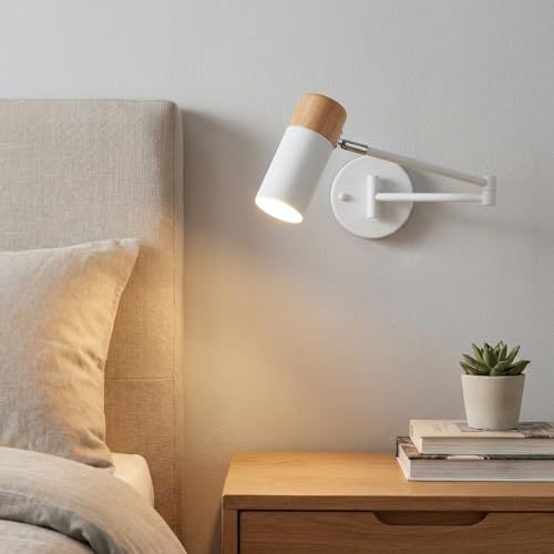 Alpinaluz Applique Murale Blanche avec Décoration en Bois, Style Minimaliste et Nordique, Applique Murale à Bras Articulé Pivotante 360º, Lampe pour Chambre, Salon,...