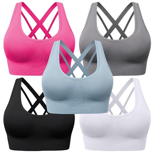 BLUELILY Sports Bra for Women Medium Support Criss Cross Strappy Bras Seamless Padded High Impact Yoga Athletic Exercise Bras