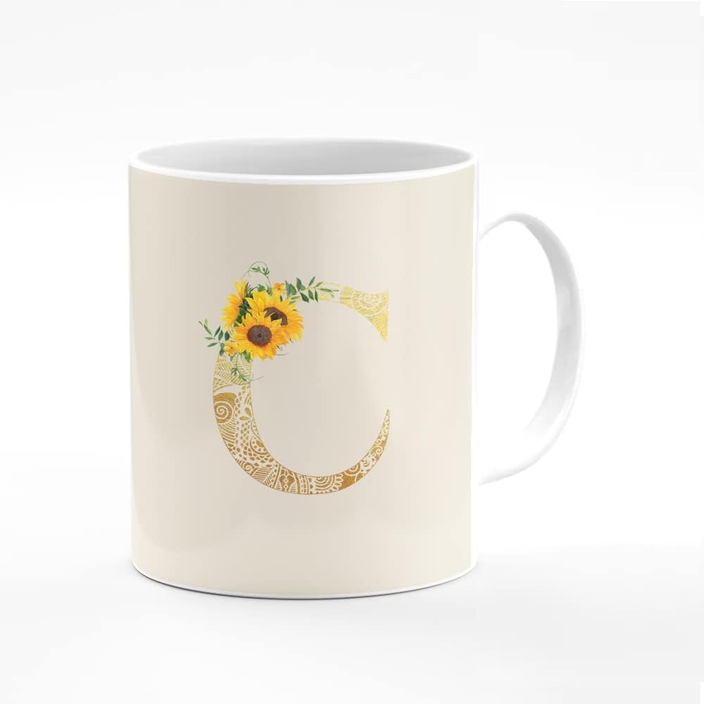 StylizeddStylizedd Designer Printed Coffee Mug 11oz Ceramic Personalised Gift Mugs Cup -Custom Monogram Initial Letter Floral Pattern Alphabet - C (Albescent White)