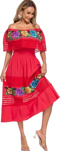 Image of YZXDORWJ Women Embroidered Mexican Peasant Casual Sexy Lace Off-Shoulder Long Dress
