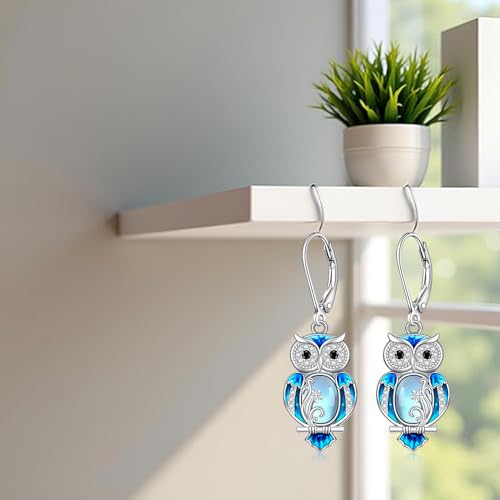Owl Gifts Owl Earrings for Women Sterling Silver Blue Enamel Oval Moonstone Earrings Dangle Halloween Jewelry Gifts2