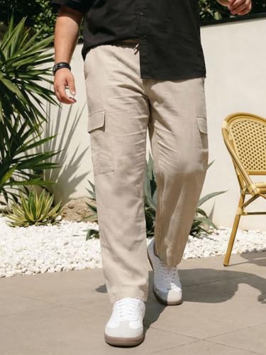 Image of Urbano Plus Men's Straight Fit Linen Cargo Pants with 6 Pockets